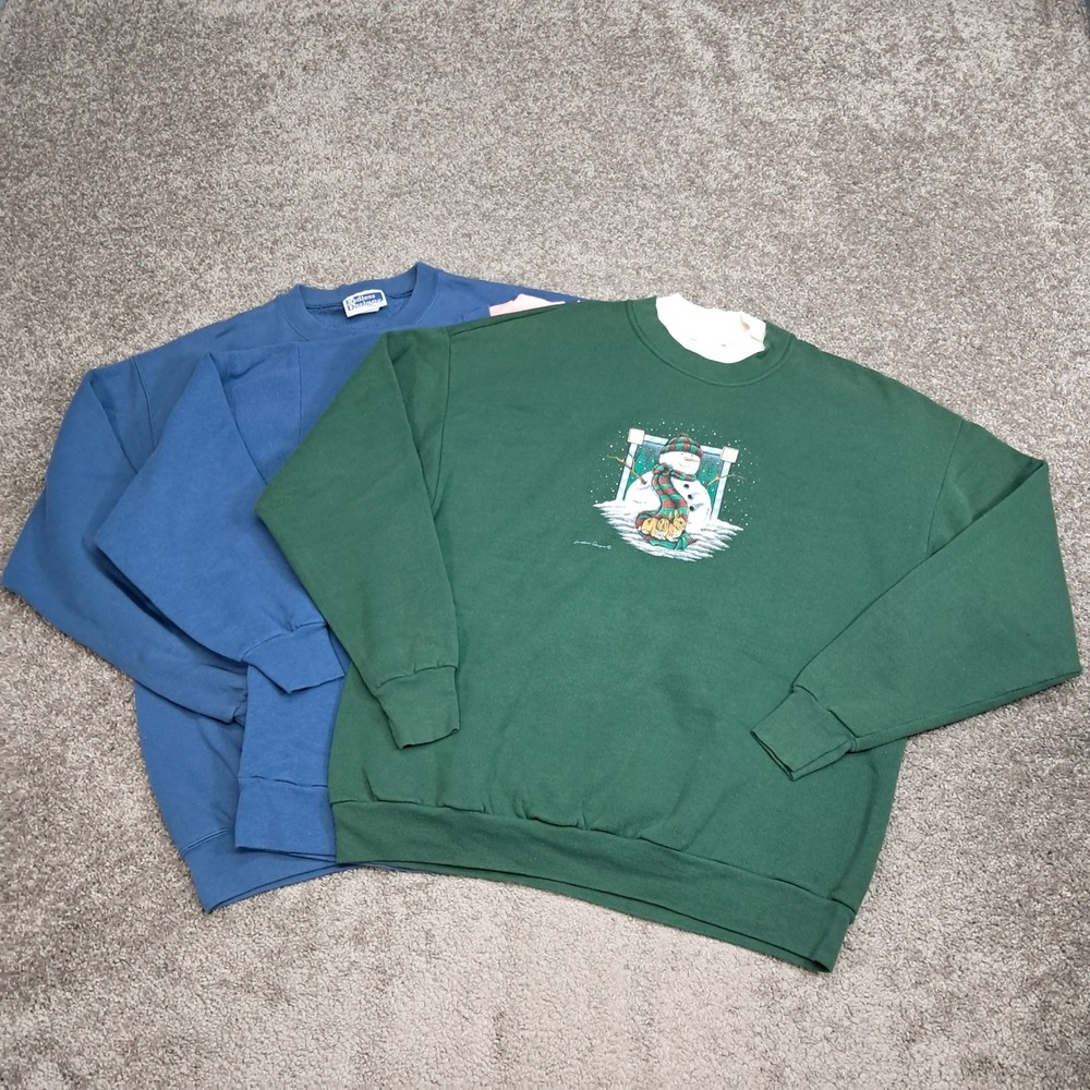 Vintage Endless Designs Graphic Sweatshirts Blue Green Cat Snowman Lot of 3 L